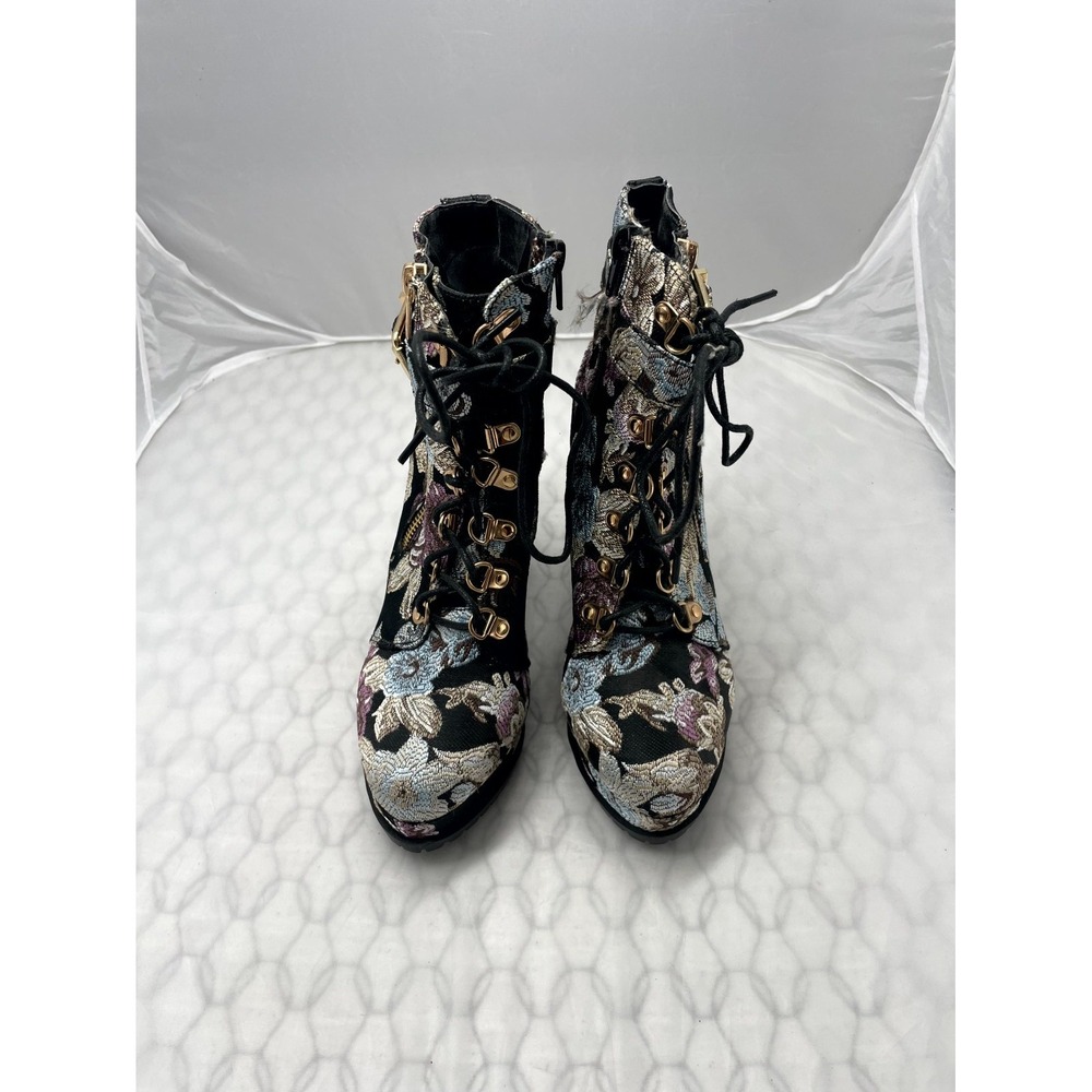 JustFab ShoeDazzle Brea Womens Size 7 Multi Combat Floral Tapestry Heeled Boot